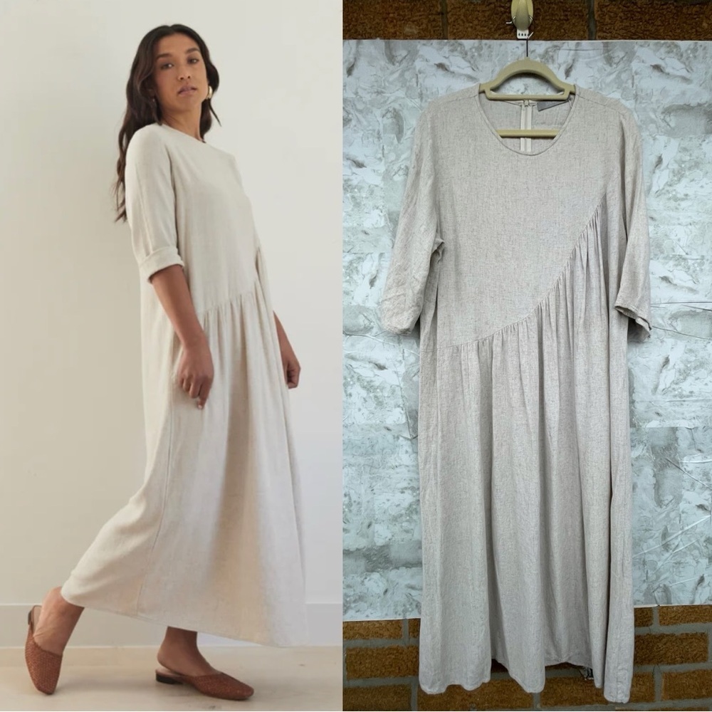 Solika Talia  XL Linen Blend Lagenlook Dress Asymmetric Art oatmeal color
